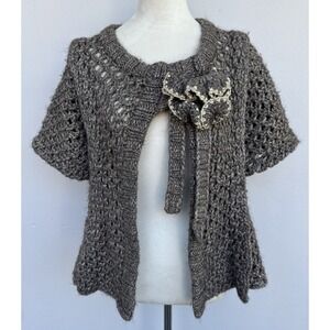 Mayle Chunky Knit Cardigan XS Gray Short Sleeve Tie Front Pockets Sweater